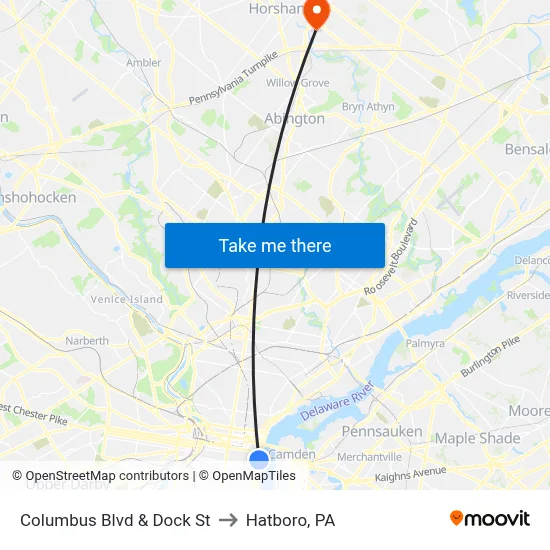 Columbus Blvd & Dock St to Hatboro, PA map