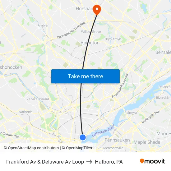 Frankford Av & Delaware Av Loop to Hatboro, PA map