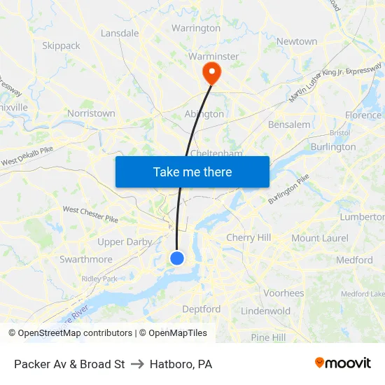 Packer Av & Broad St to Hatboro, PA map