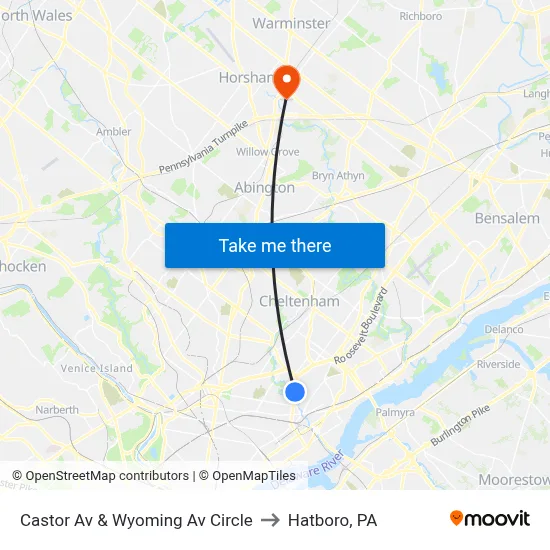 Castor Av & Wyoming Av Circle to Hatboro, PA map