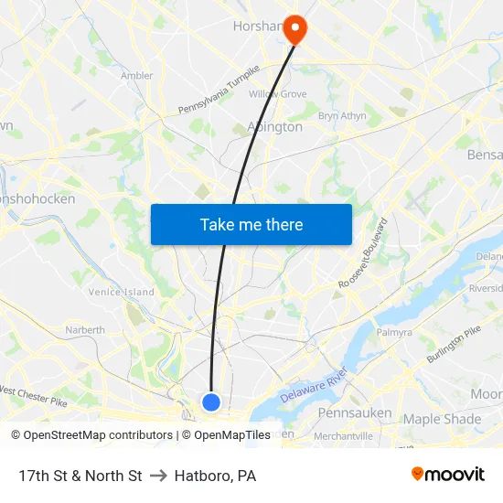 17th St & North St to Hatboro, PA map