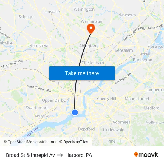Broad St & Intrepid Av to Hatboro, PA map