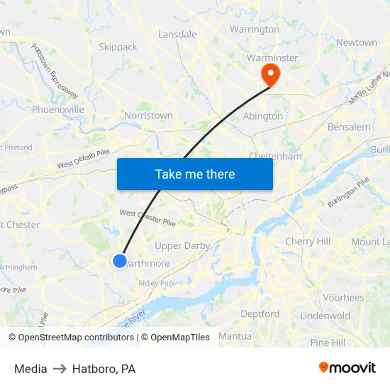 Media to Hatboro, PA map