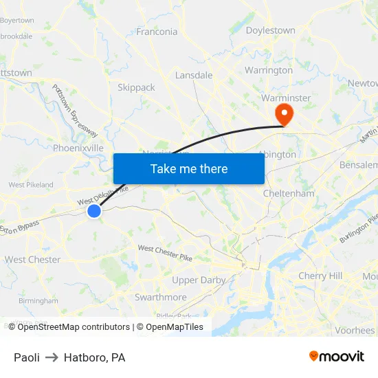 Paoli to Hatboro, PA map
