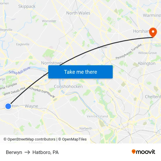 Berwyn to Hatboro, PA map