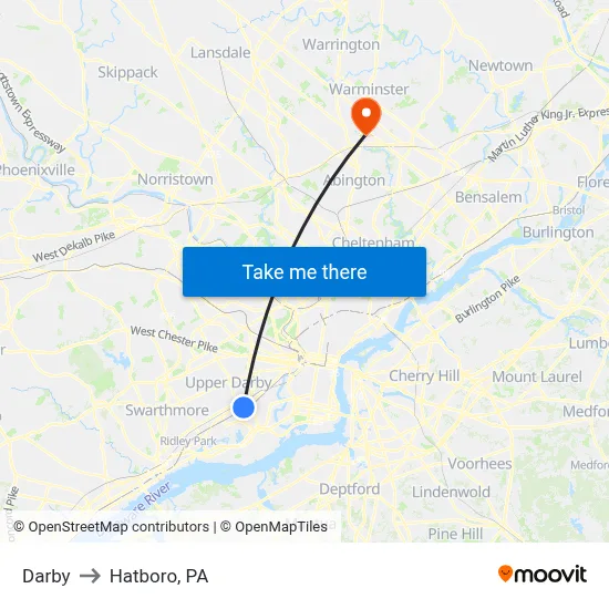 Darby to Hatboro, PA map