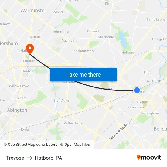 Trevose to Hatboro, PA map