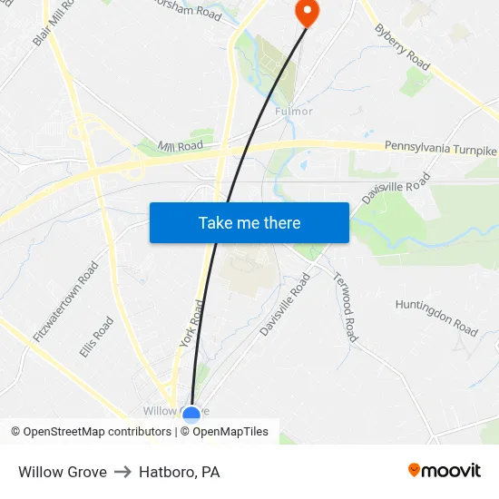Willow Grove to Hatboro, PA map