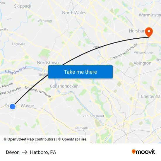 Devon to Hatboro, PA map