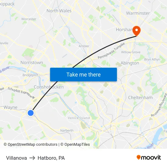 Villanova to Hatboro, PA map