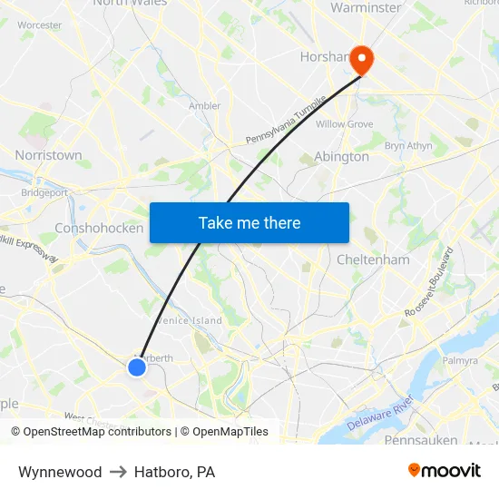 Wynnewood to Hatboro, PA map