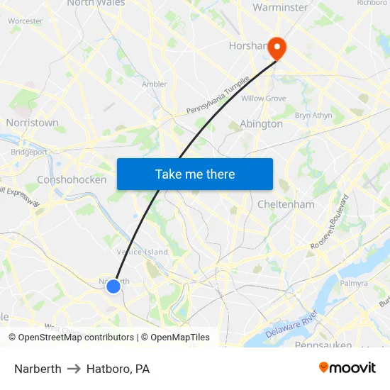 Narberth to Hatboro, PA map