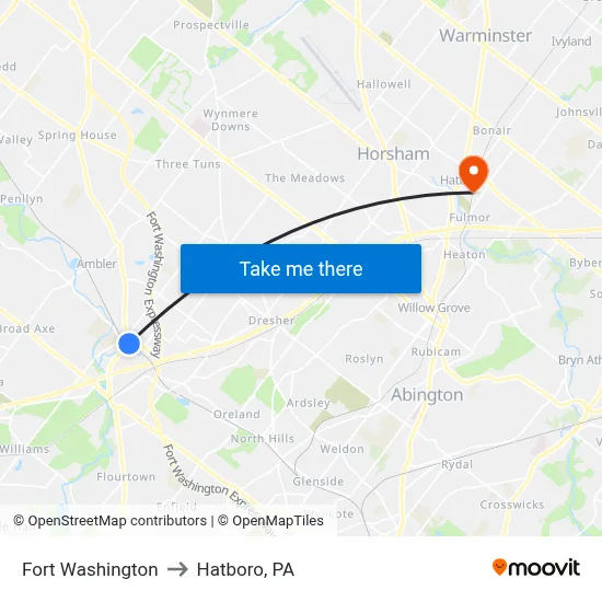 Fort Washington to Hatboro, PA map