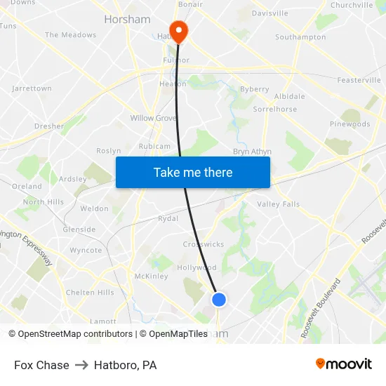 Fox Chase to Hatboro, PA map