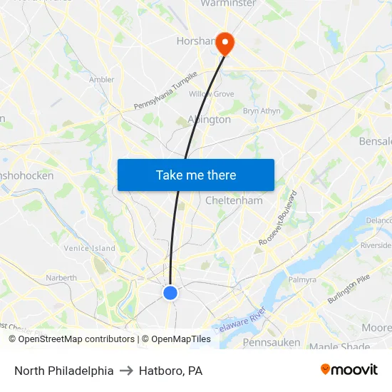 North Philadelphia to Hatboro, PA map