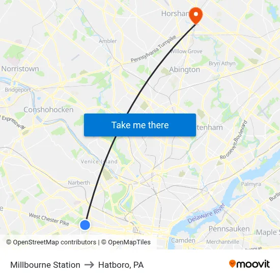 Millbourne Station to Hatboro, PA map