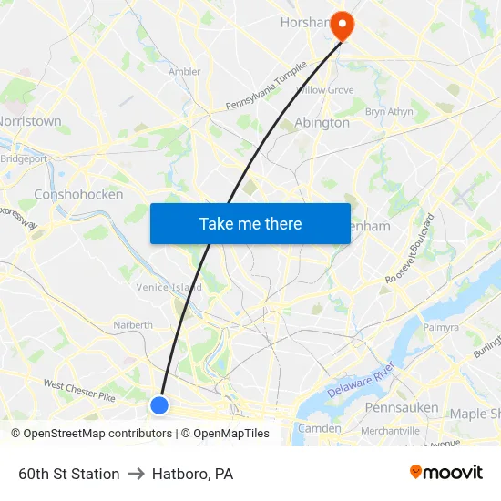 60th St Station to Hatboro, PA map