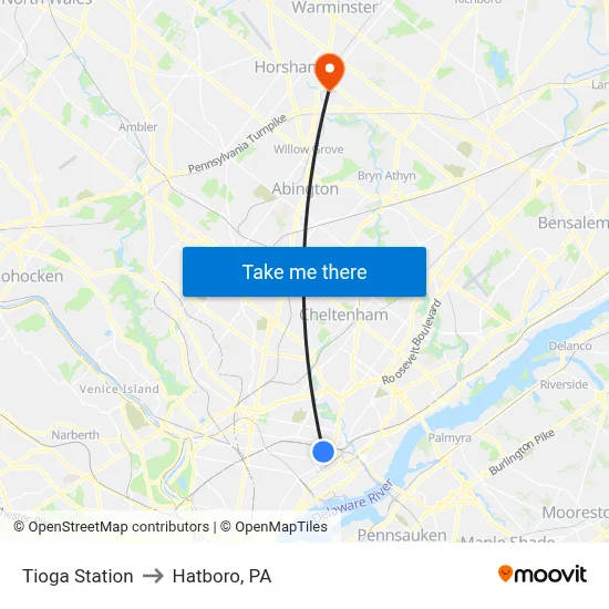Tioga Station to Hatboro, PA map