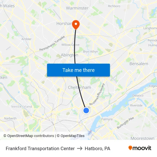 Frankford Transportation Center to Hatboro, PA map
