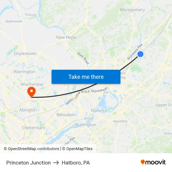 Princeton Junction to Hatboro, PA map
