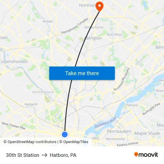 30th St Station to Hatboro, PA map