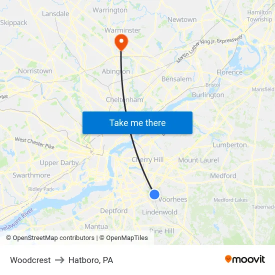 Woodcrest to Hatboro, PA map
