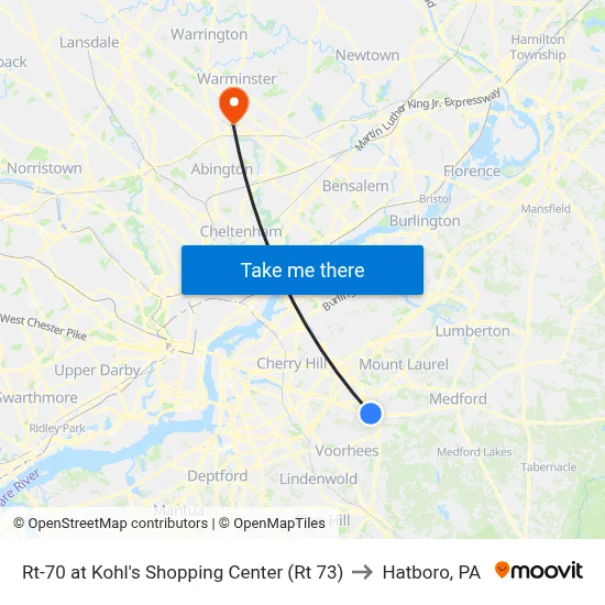 Rt-70 at Kohl's Shopping Center (Rt 73) to Hatboro, PA map