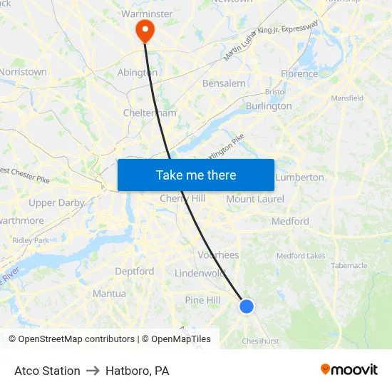 Atco Station to Hatboro, PA map