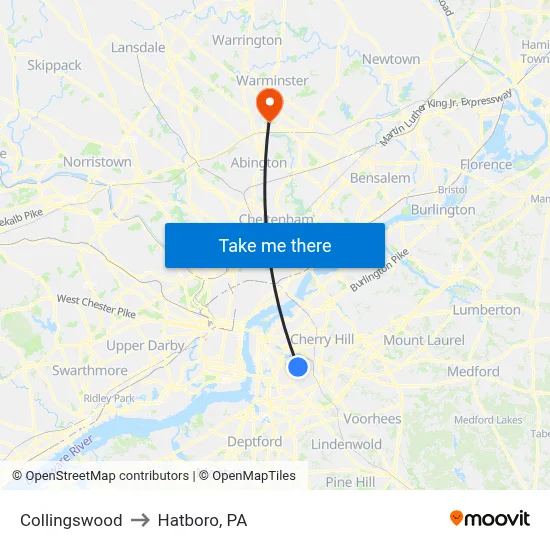 Collingswood to Hatboro, PA map