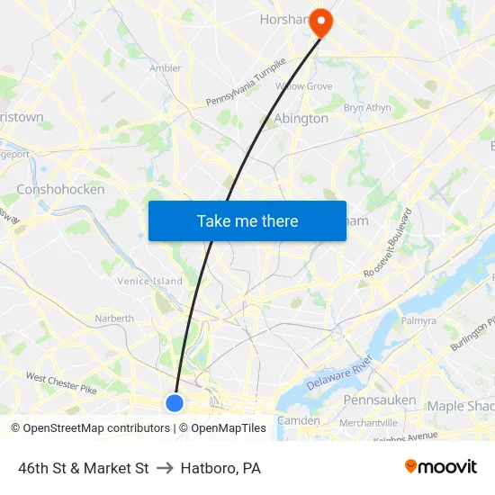 46th St & Market St to Hatboro, PA map
