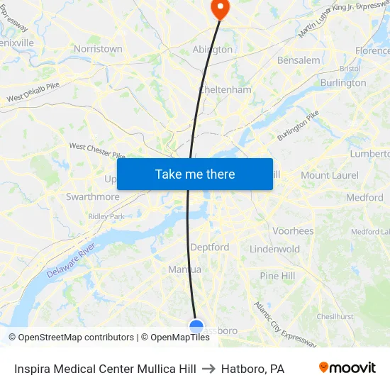Inspira Medical Center Mullica Hill to Hatboro, PA map