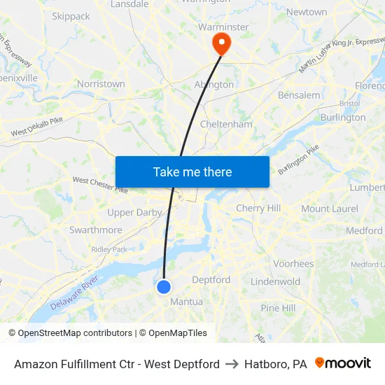 Amazon Fulfillment Ctr - West Deptford to Hatboro, PA map