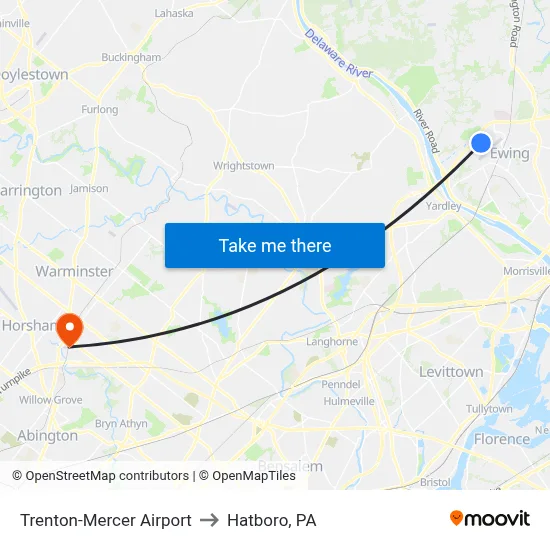 Trenton-Mercer Airport to Hatboro, PA map
