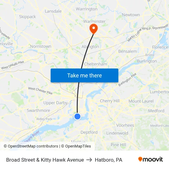 Broad Street & Kitty Hawk Avenue to Hatboro, PA map