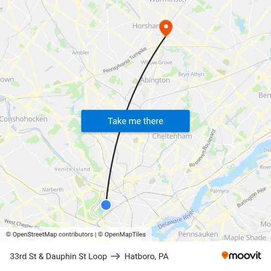 33rd St & Dauphin St Loop to Hatboro, PA map