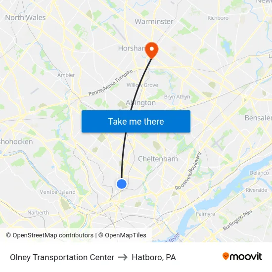 Olney Transportation Center to Hatboro, PA map