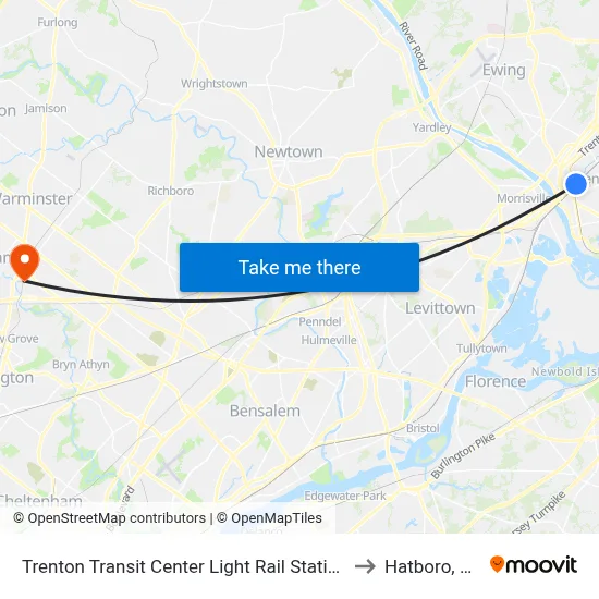 Trenton Transit Center Light Rail Station to Hatboro, PA map
