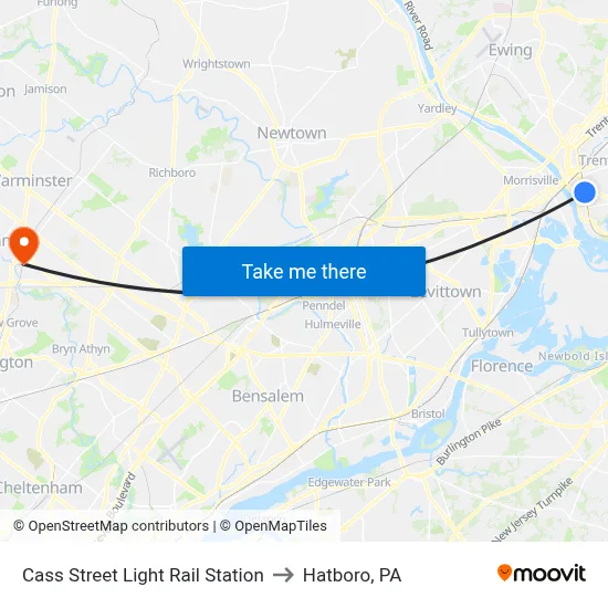Cass Street Light Rail Station to Hatboro, PA map