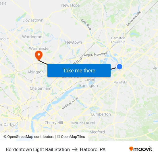 Bordentown Light Rail Station to Hatboro, PA map