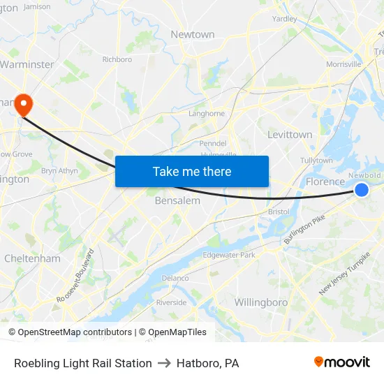 Roebling Light Rail Station to Hatboro, PA map