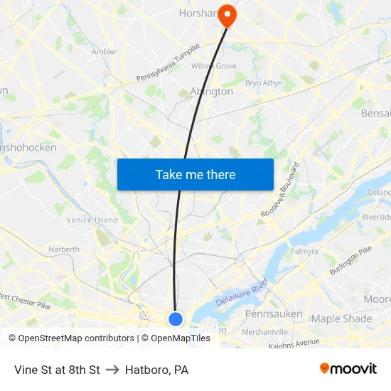Vine St at 8th St to Hatboro, PA map