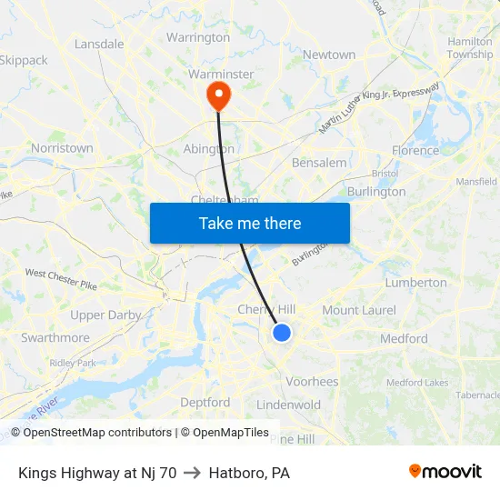 Kings Highway at Nj 70 to Hatboro, PA map
