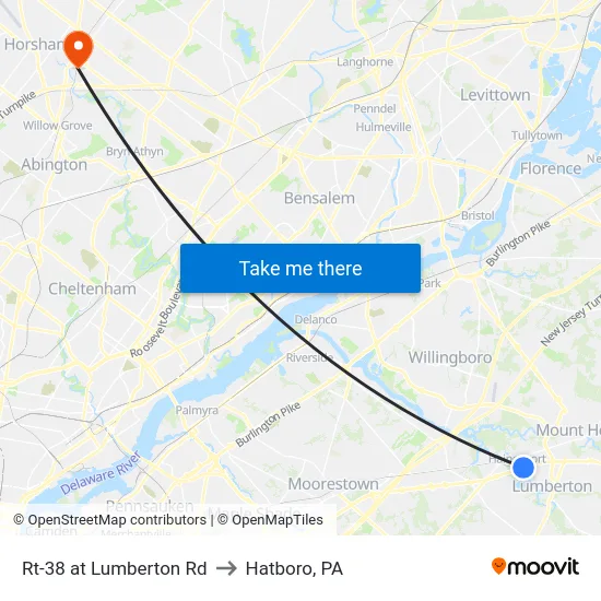 Rt-38 at Lumberton Rd to Hatboro, PA map