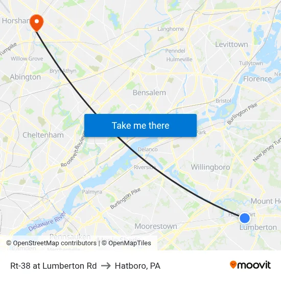 Rt-38 at Lumberton Rd to Hatboro, PA map