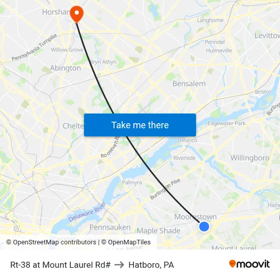 Rt-38 at Mount Laurel Rd# to Hatboro, PA map