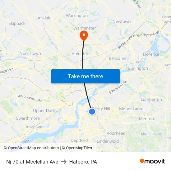 Nj 70 at Mcclellan Ave to Hatboro, PA map