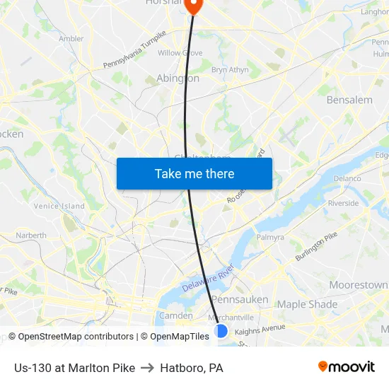 Us-130 at Marlton Pike to Hatboro, PA map