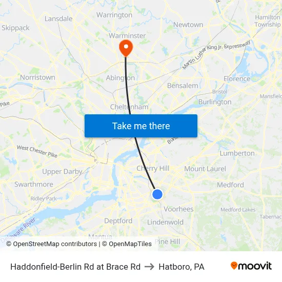 Haddonfield-Berlin Rd at Brace Rd to Hatboro, PA map