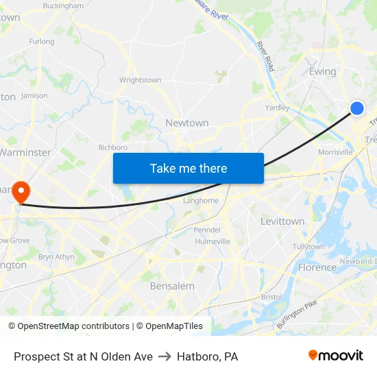 Prospect St at  N Olden Ave to Hatboro, PA map