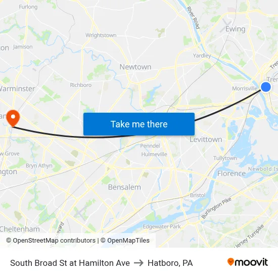 South Broad St at Hamilton Ave to Hatboro, PA map